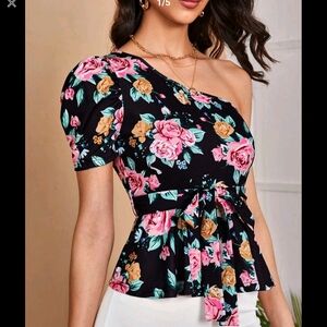 New Shein One Shoulder Floral Blouse